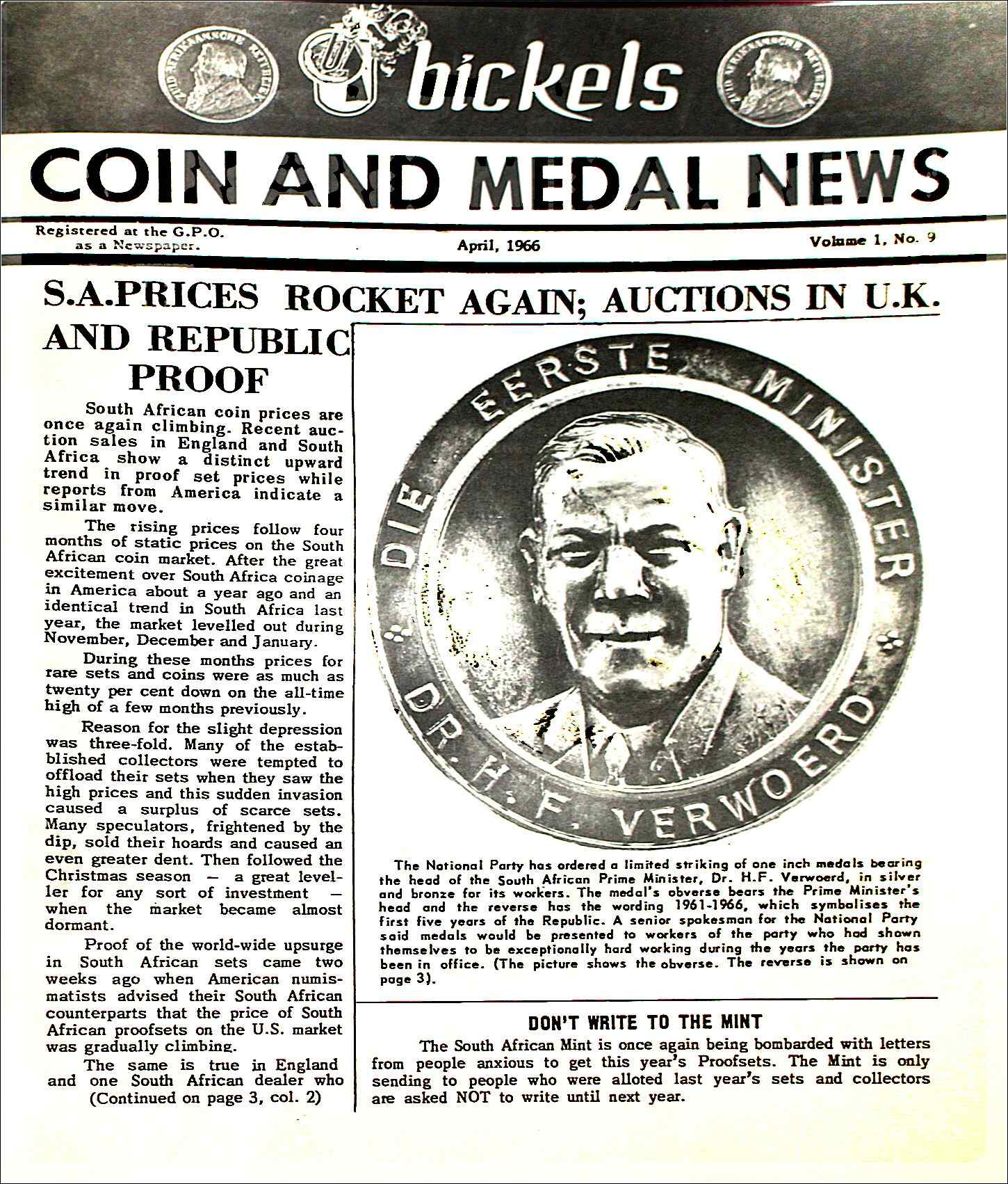 Bickels Coin & Medal News April 1966 Vol 1 No 9